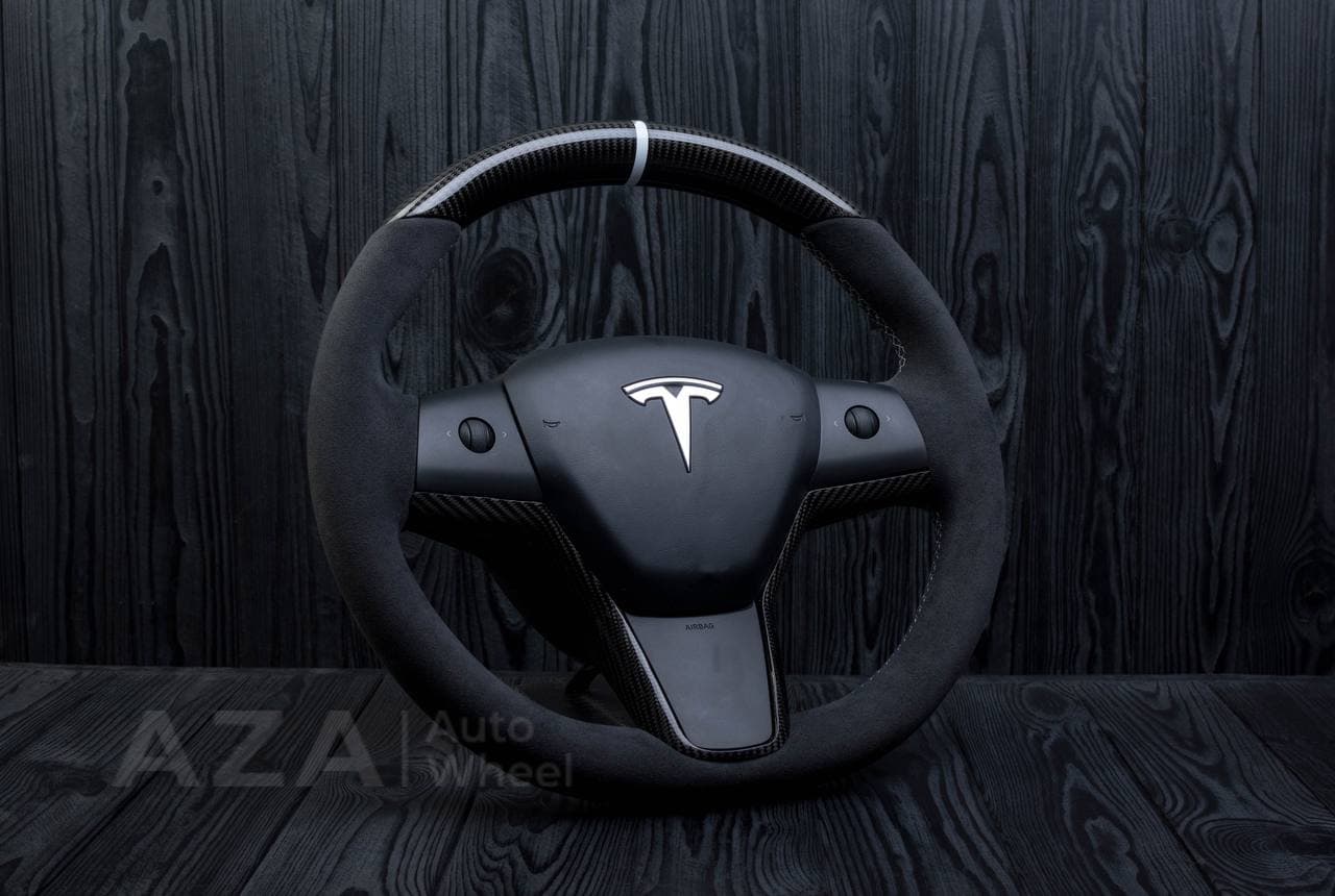 Steering wheel Tesla Model 3/Y Carbon fiber/Alcantara/White stripe - Image 5
