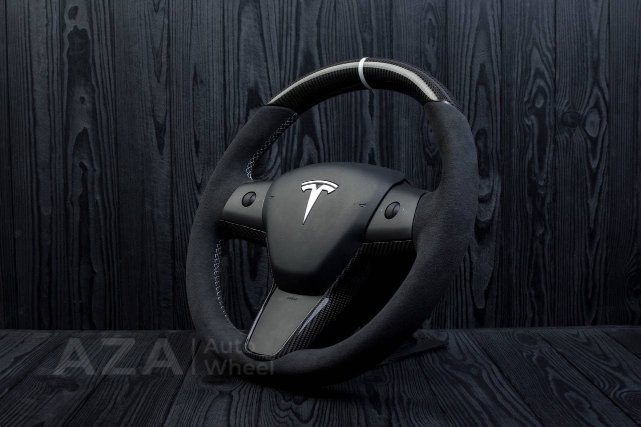 Steering wheel Tesla Model 3/Y Carbon fiber/Alcantara/White stripe - Image 4