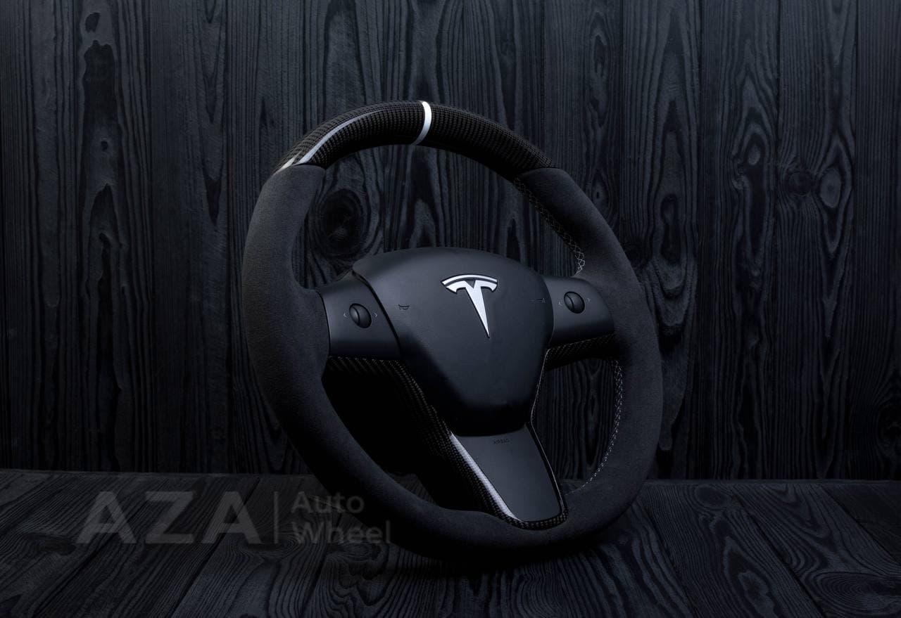 Steering wheel Tesla Model 3/Y Carbon fiber/Alcantara/White stripe - Image 6