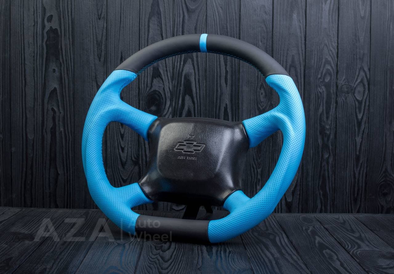 Steering wheel 98-2002 GM Silverado, Sierra, Escalade , Yukon, S10, Blazer, Tahoe, Suburban Napa/Perforated leather/Light blue - Image 5