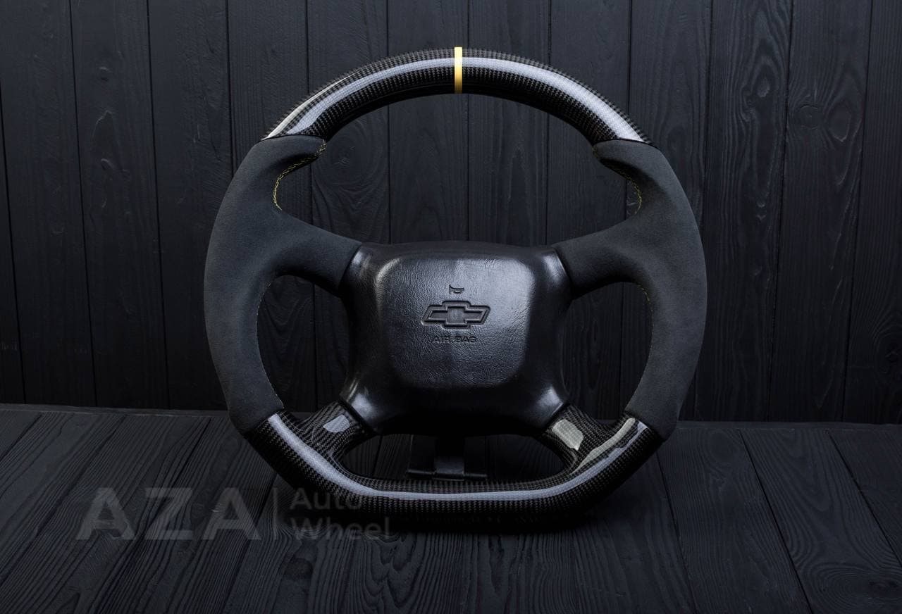 Steering wheel GM Silverado, Sierra, Escalade, Yukon, S10, Blazer, Tahoe, Suburban (1998-2002) Сarbon fiber/Alcantara/Yellow stripe