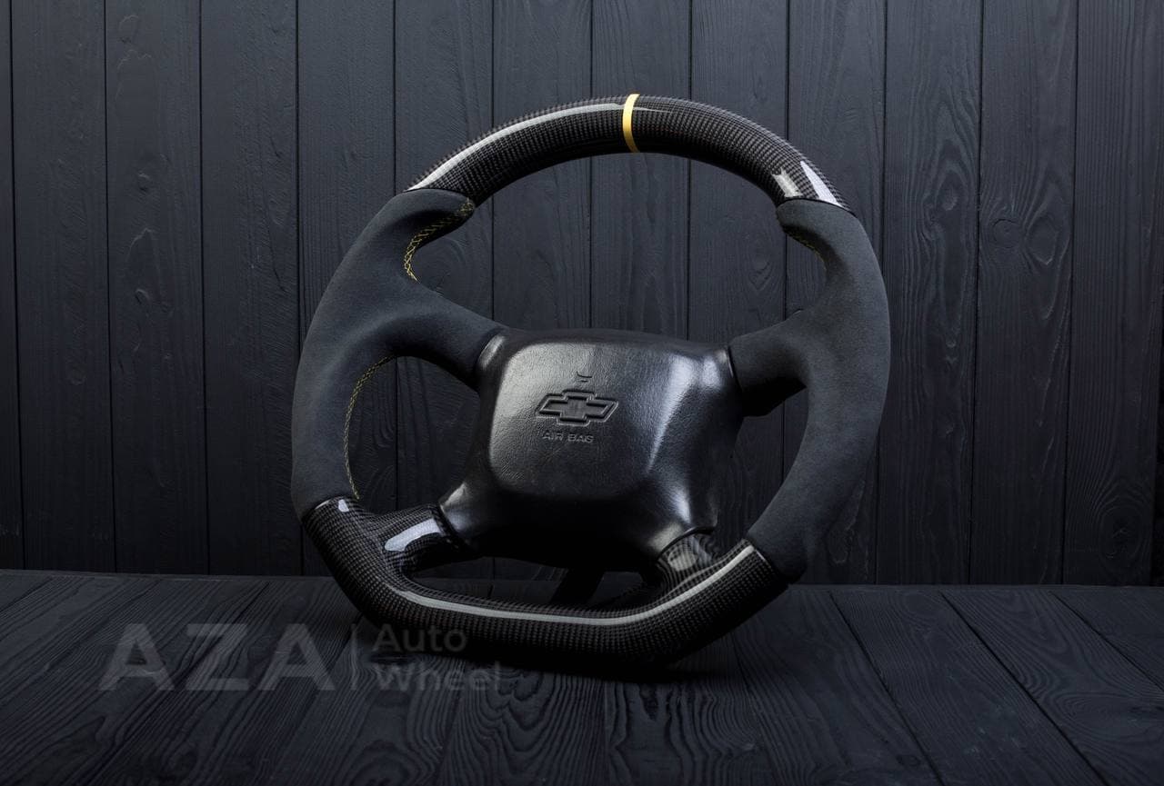 Steering wheel GM Silverado, Sierra, Escalade, Yukon, S10, Blazer, Tahoe, Suburban (1998-2002) Сarbon fiber/Alcantara/Yellow stripe - Image 6