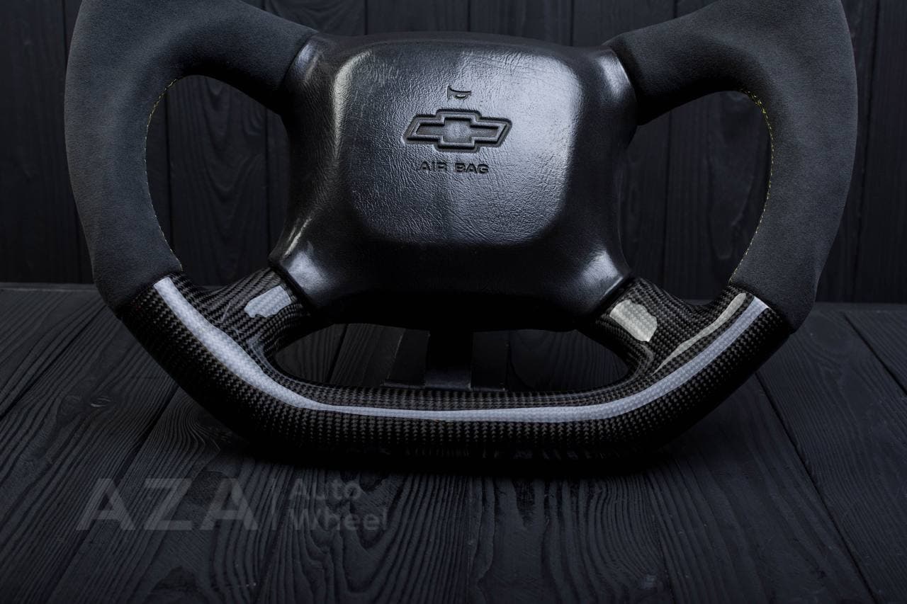 Steering wheel GM Silverado, Sierra, Escalade, Yukon, S10, Blazer, Tahoe, Suburban (1998-2002) Сarbon fiber/Alcantara/Yellow stripe - Image 12