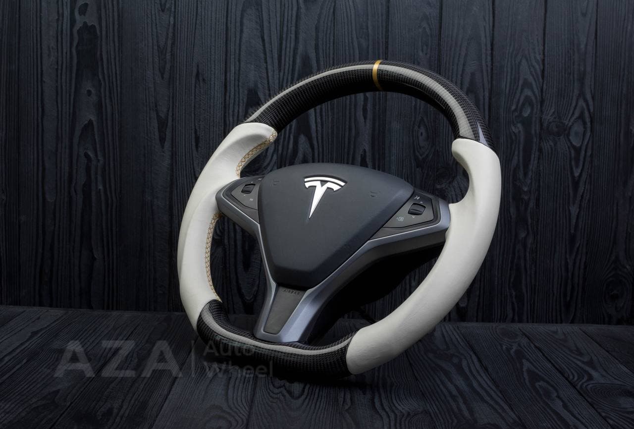 Steering wheel Tesla Model S/X Carbon fiber/Napa/Gold stripe - Image 5