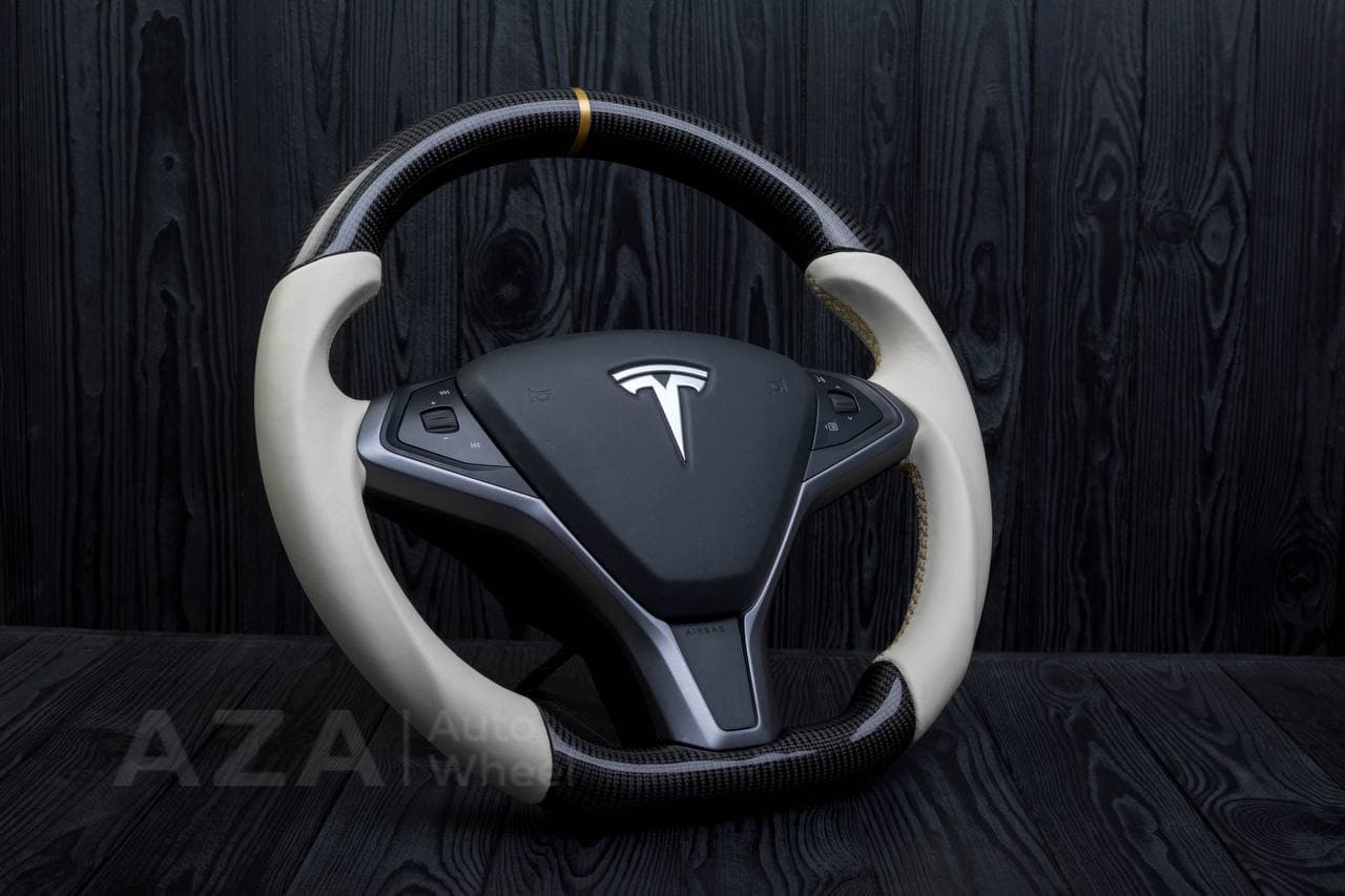 Steering wheel Tesla Model S/X Carbon fiber/Napa/Gold stripe - Image 4