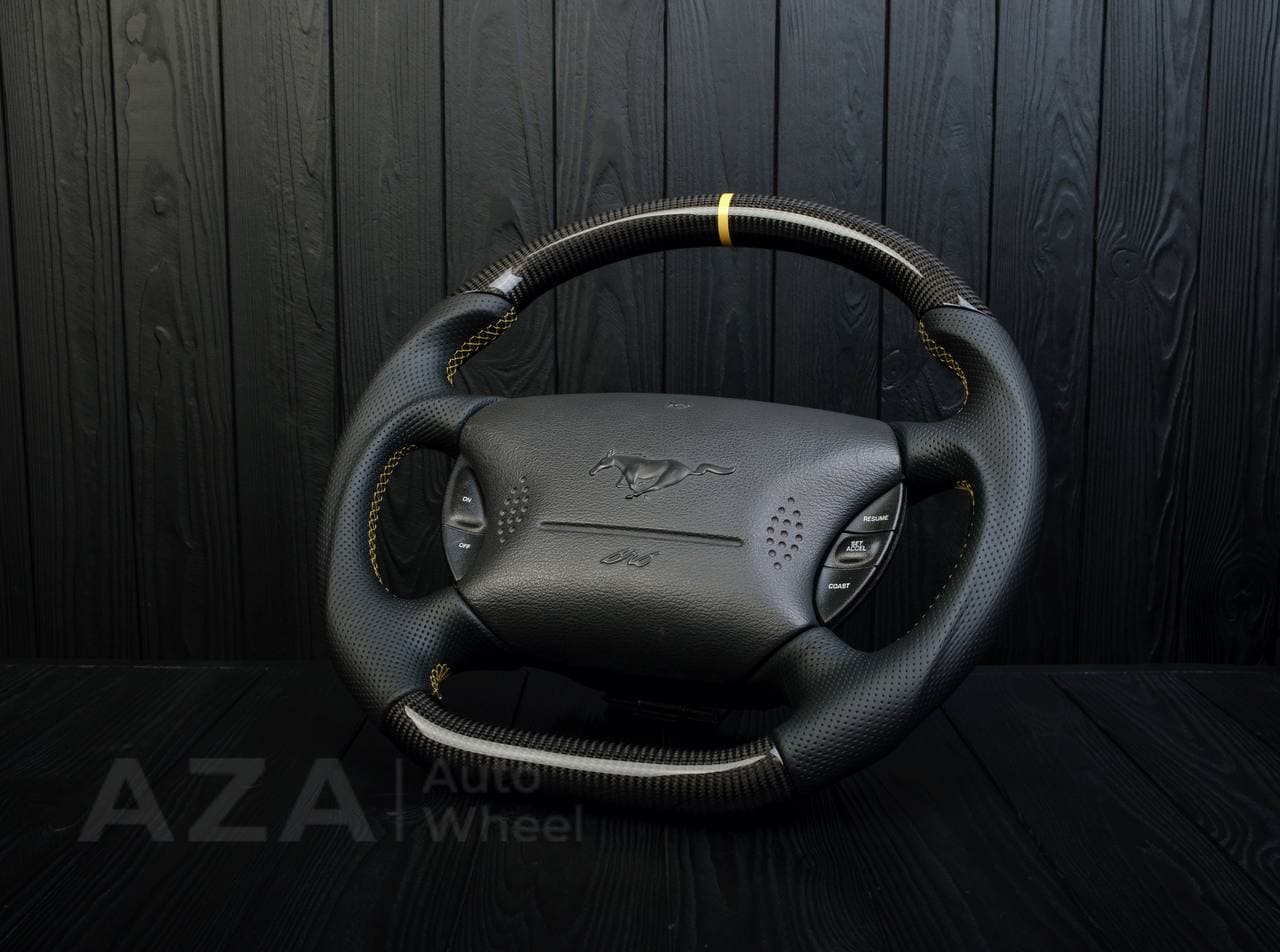 Steering wheel Ford Mustang GT Cobra Carbon fiber/Perforated leather/Yellow stripe - Image 4