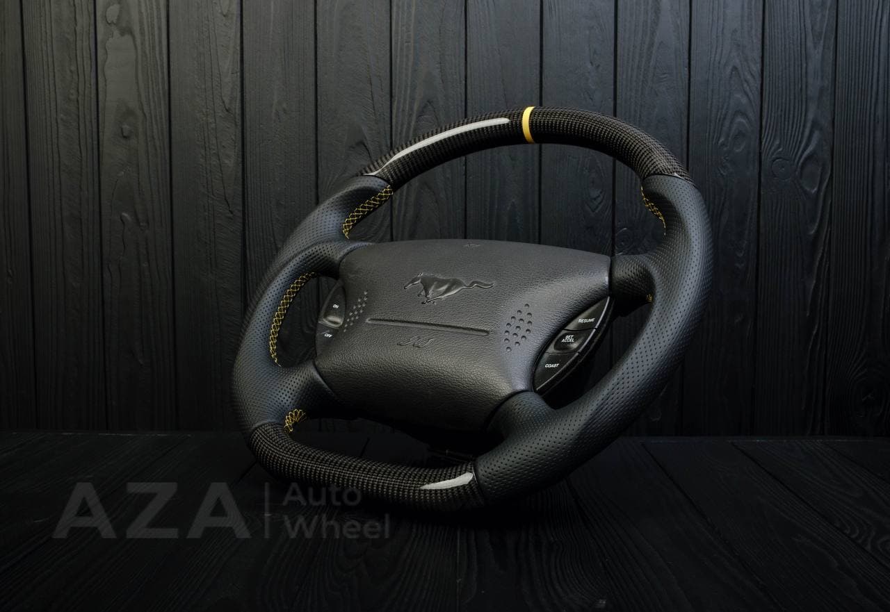 Steering wheel Ford Mustang GT Cobra Carbon fiber/Perforated leather/Yellow stripe - Image 5