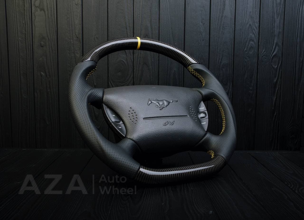 Steering wheel Ford Mustang GT Cobra Carbon fiber/Perforated leather/Yellow stripe - Image 3