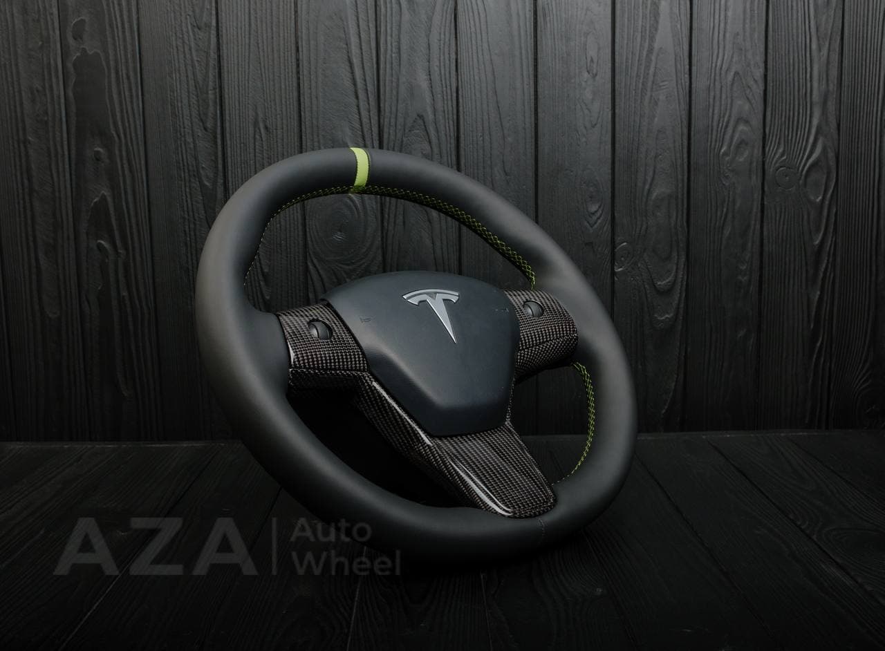 Steering wheel Tesla Model 3/Y Carbon fiber/Napa/Lime stripe - Image 3