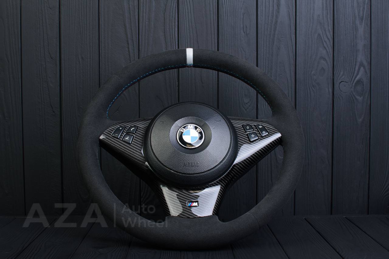 Steering wheel BMW E6X Carbon fiber trims/Alcantara/White stripe