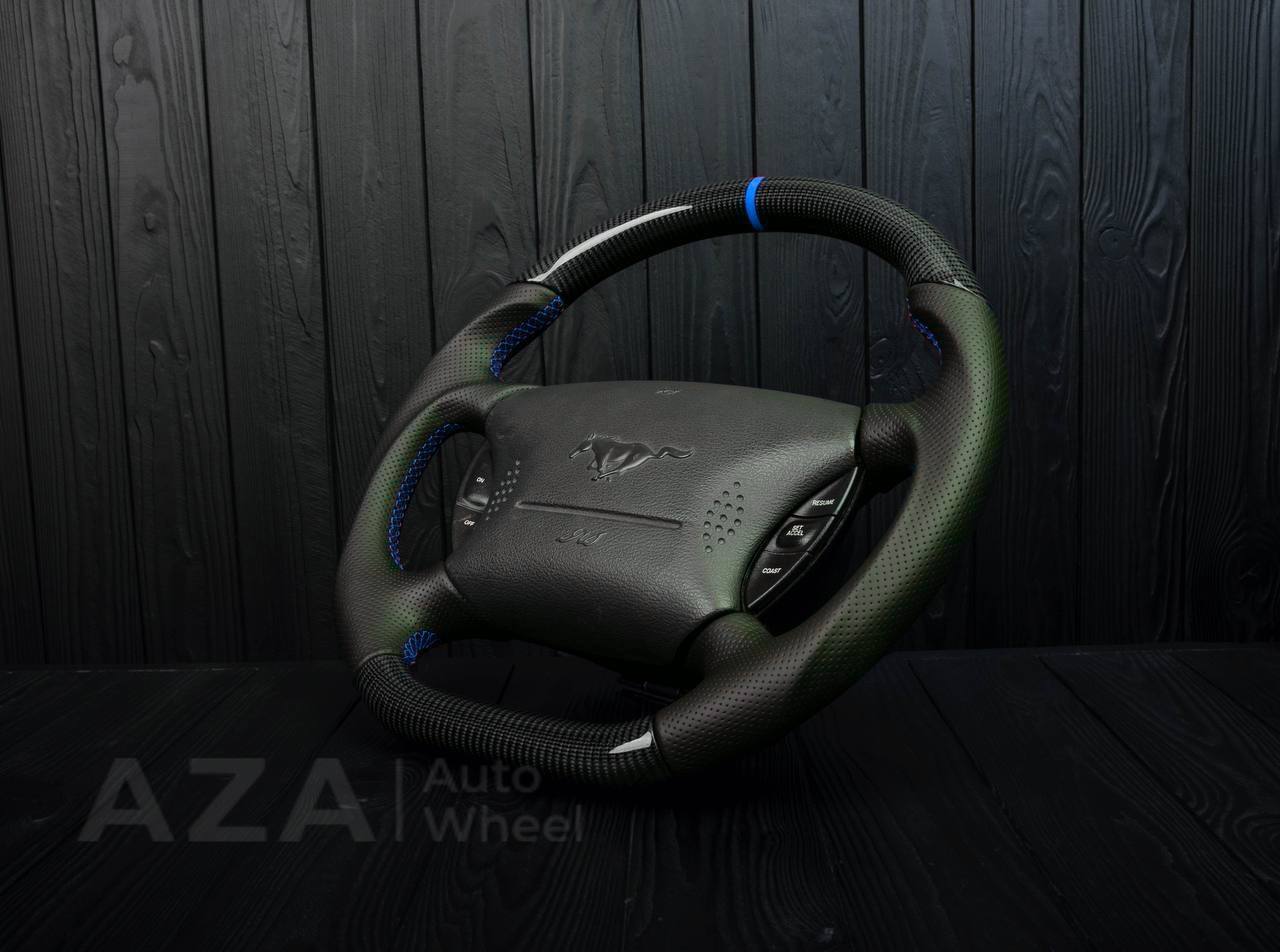 Steering wheel Ford Mustang GT Cobra Carbon fiber/Perforated leather/Blue stripe - Image 6