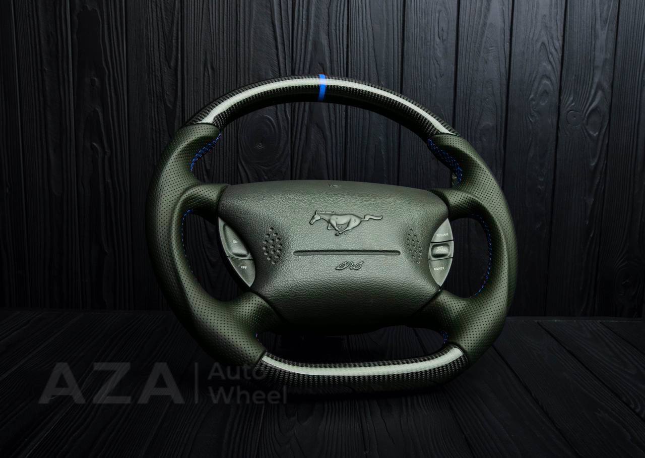 Steering wheel Ford Mustang GT Cobra Carbon fiber/Perforated leather/Blue stripe - Image 3