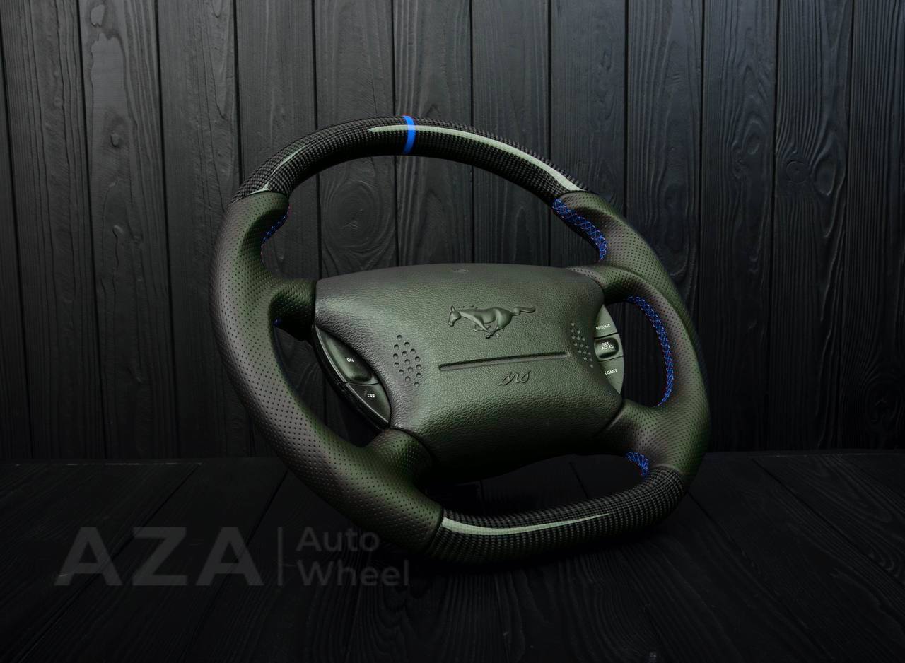 Steering wheel Ford Mustang GT Cobra Carbon fiber/Perforated leather/Blue stripe - Image 4