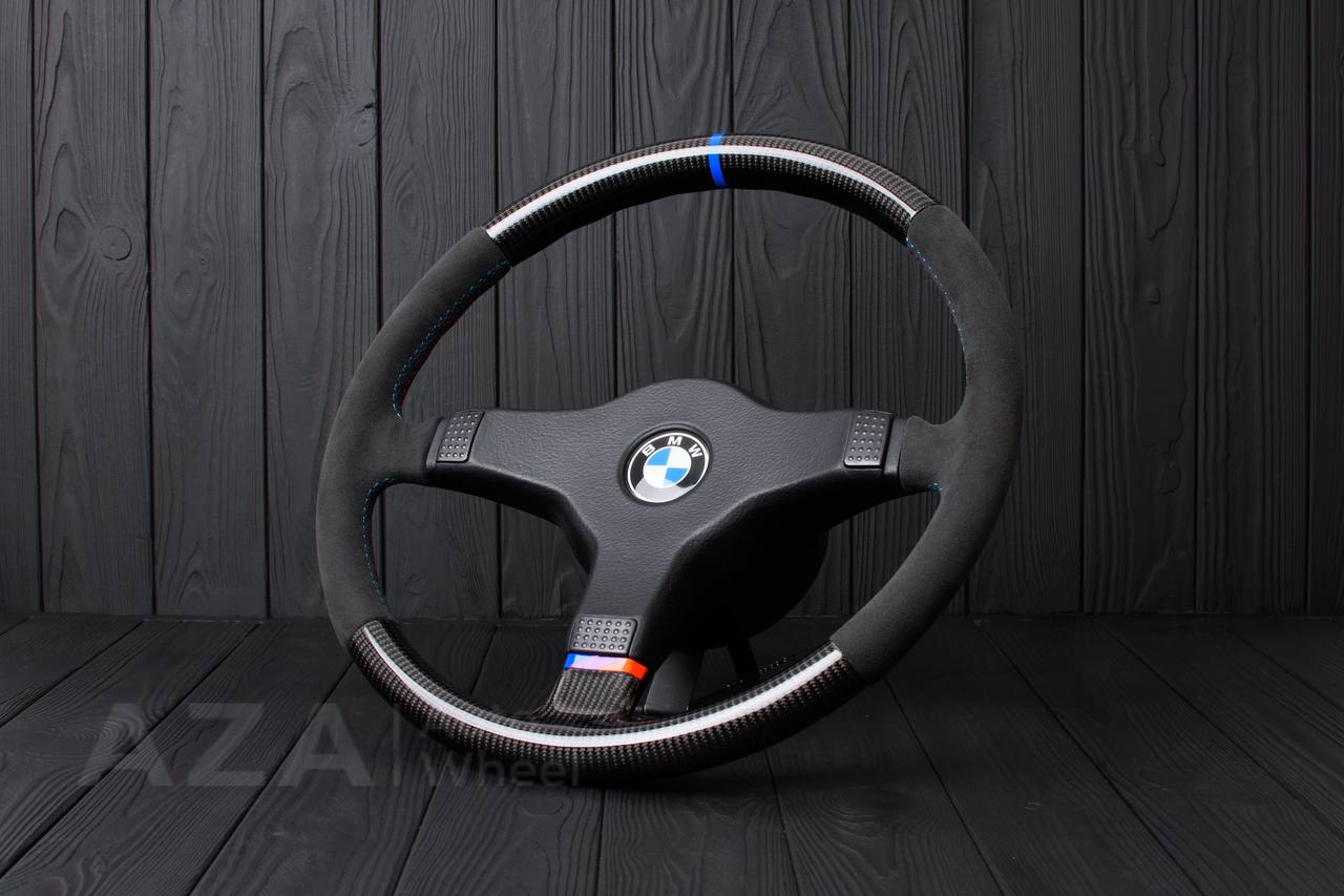 Steering wheel BMW E30 M-Tech 1 Nap 385mm converted to 370mm Carbon fiber/Alcantara/Blue stripe (any color stripe and stitch) - Image 3