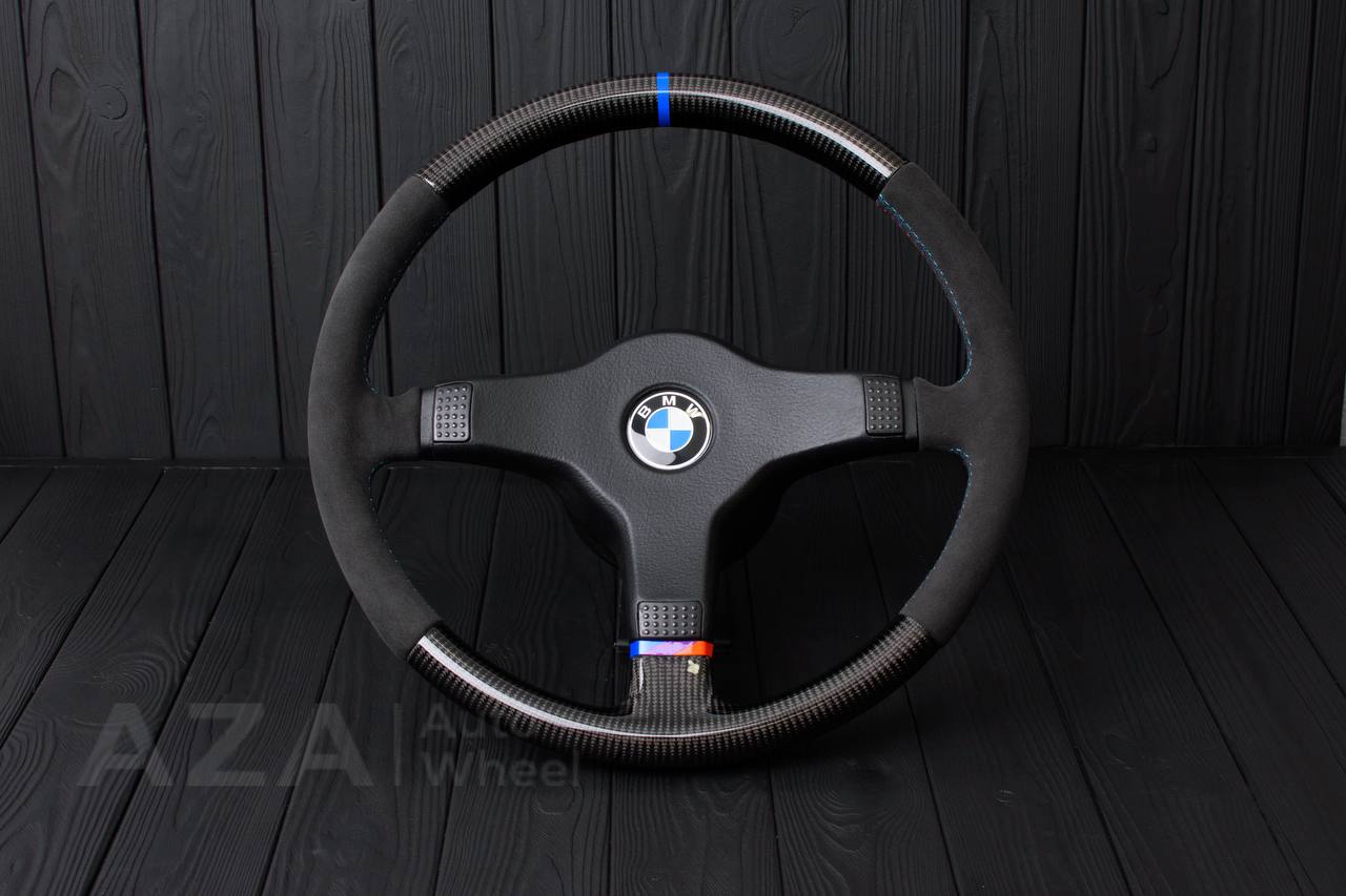 Steering wheel BMW E30 M-Tech 1 Nap 385mm converted to 370mm Carbon fiber/Alcantara/Blue stripe (any color stripe and stitch)