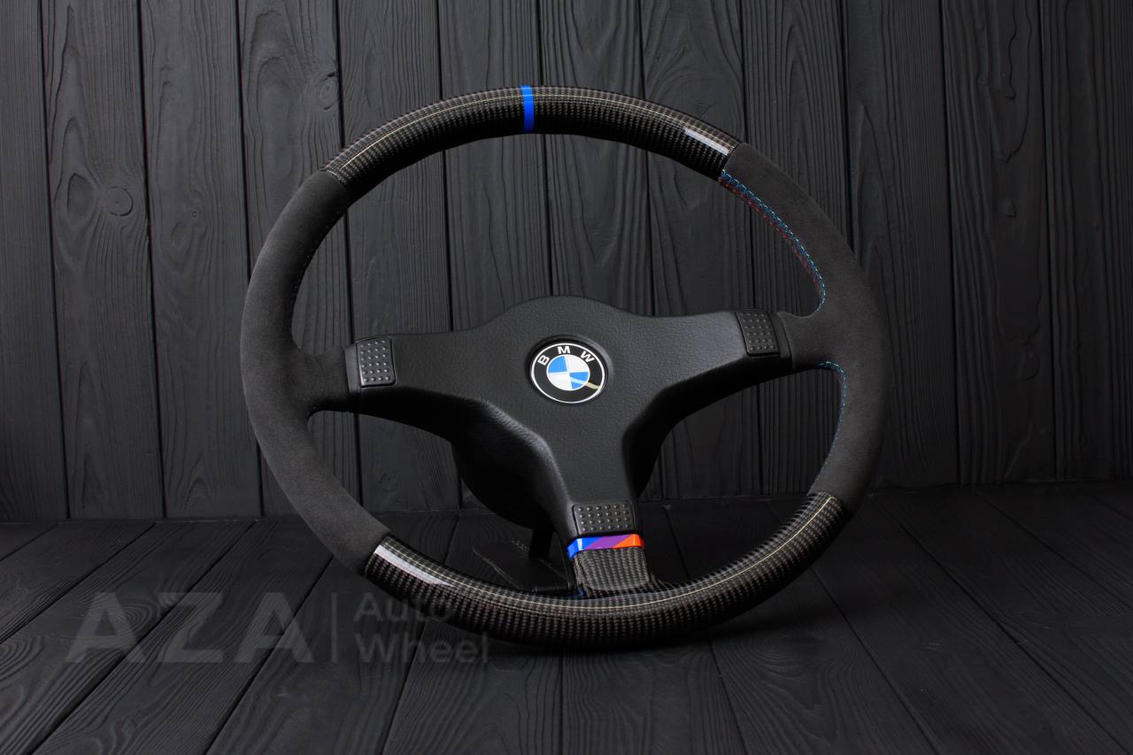 Steering wheel BMW E30 M-Tech 1 Nap 385mm converted to 370mm Carbon fiber/Alcantara/Blue stripe (any color stripe and stitch) - Image 6