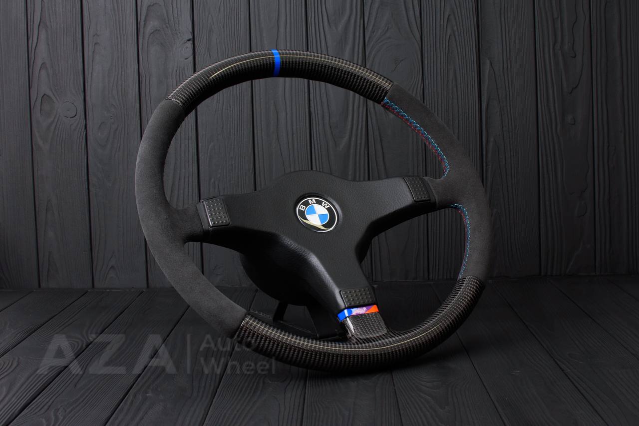 Steering wheel BMW E30 M-Tech 1 Nap 385mm converted to 370mm Carbon fiber/Alcantara/Blue stripe (any color stripe and stitch) - Image 5