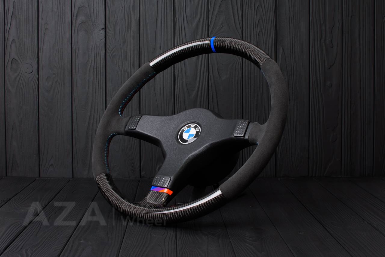 Steering wheel BMW E30 M-Tech 1 Nap 385mm converted to 370mm Carbon fiber/Alcantara/Blue stripe (any color stripe and stitch) - Image 4