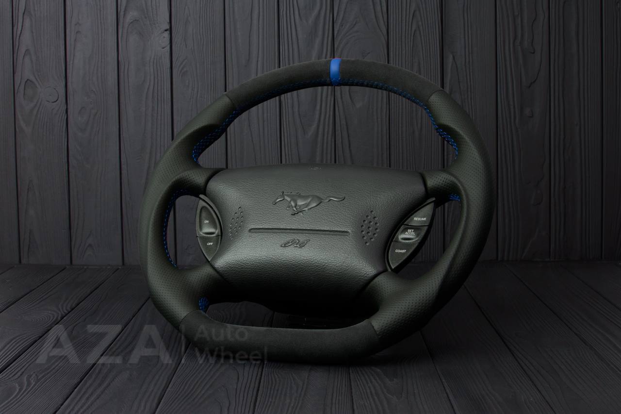 Steering wheel Ford Mustang GT Cobra Alcantara/Perforated leather/Blue stripe (can be any color per request) - Image 3