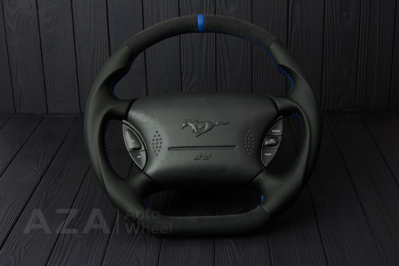 Steering wheel Ford Mustang GT Cobra Alcantara/Perforated leather/Blue stripe (can be any color per request)