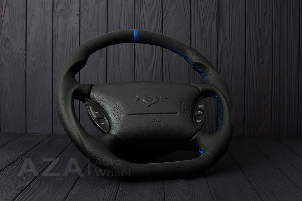 Steering wheel Ford Mustang GT Cobra Alcantara/Perforated leather/Blue stripe (can be any color per request) - Image 6