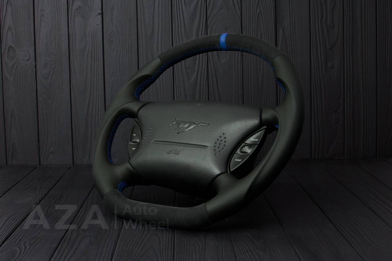 Steering wheel Ford Mustang GT Cobra Alcantara/Perforated leather/Blue stripe (can be any color per request) - Image 4