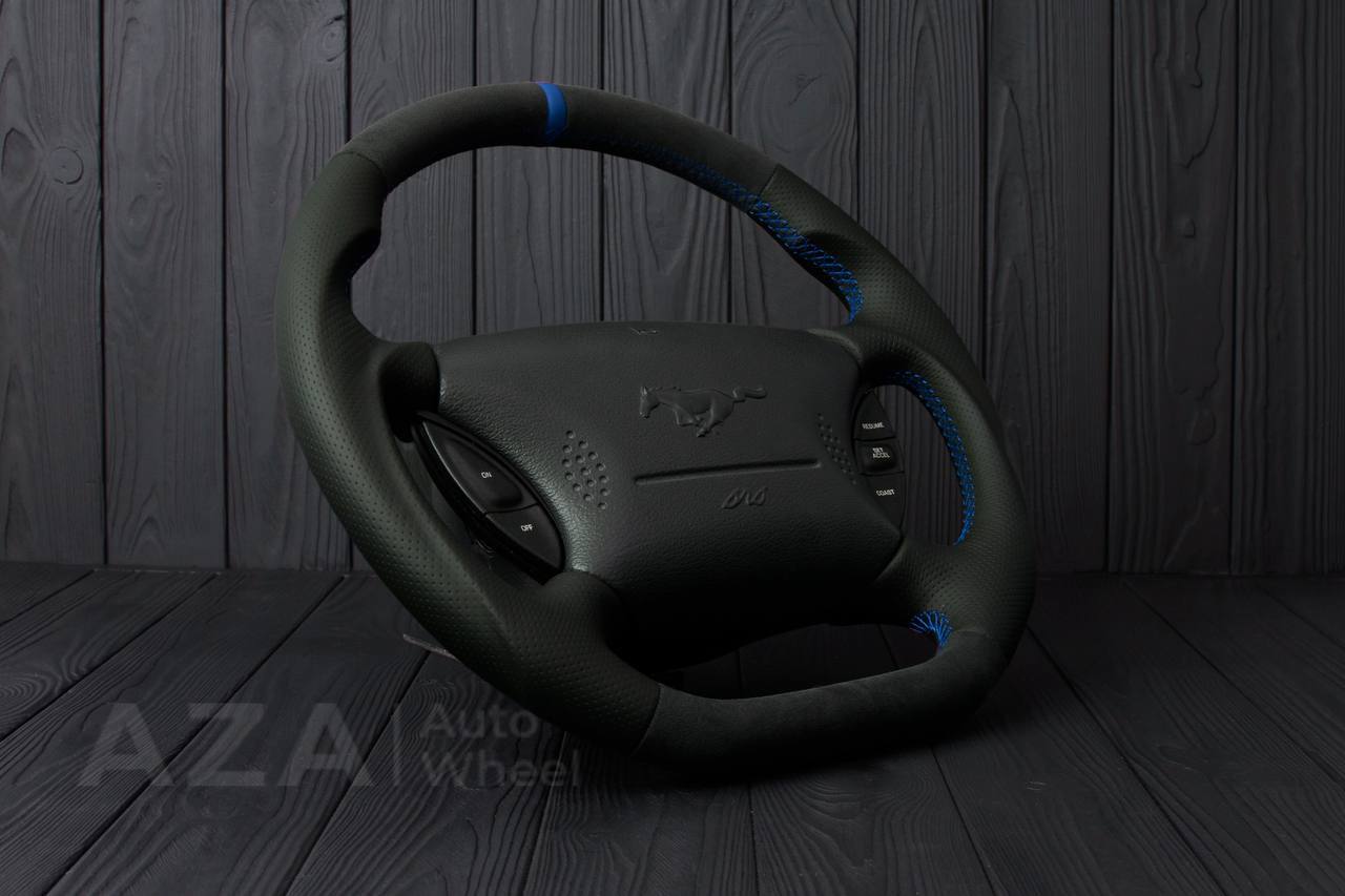 Steering wheel Ford Mustang GT Cobra Alcantara/Perforated leather/Blue stripe (can be any color per request) - Image 5