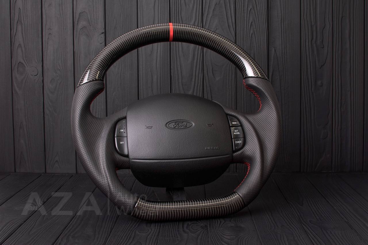 Steering wheel Ford F150/F250/F350 97-2007 Carbon fiber/Perforated leather/Red stripe (can be any color per request)