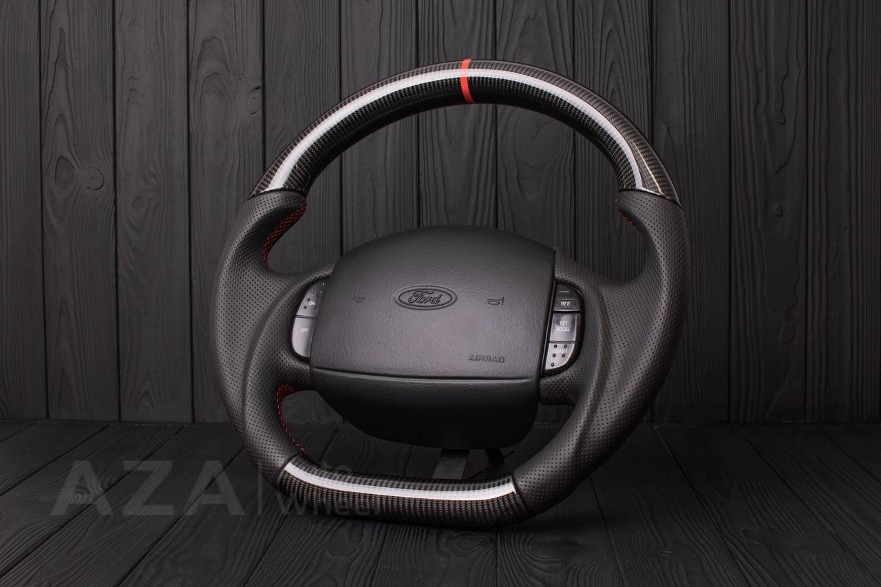 Steering wheel Ford F150/F250/F350 97-2007 Carbon fiber/Perforated leather/Red stripe (can be any color per request) - Image 4