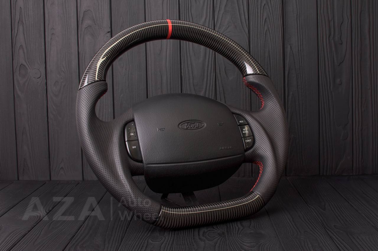 Steering wheel Ford F150/F250/F350 97-2007 Carbon fiber/Perforated leather/Red stripe (can be any color per request) - Image 3