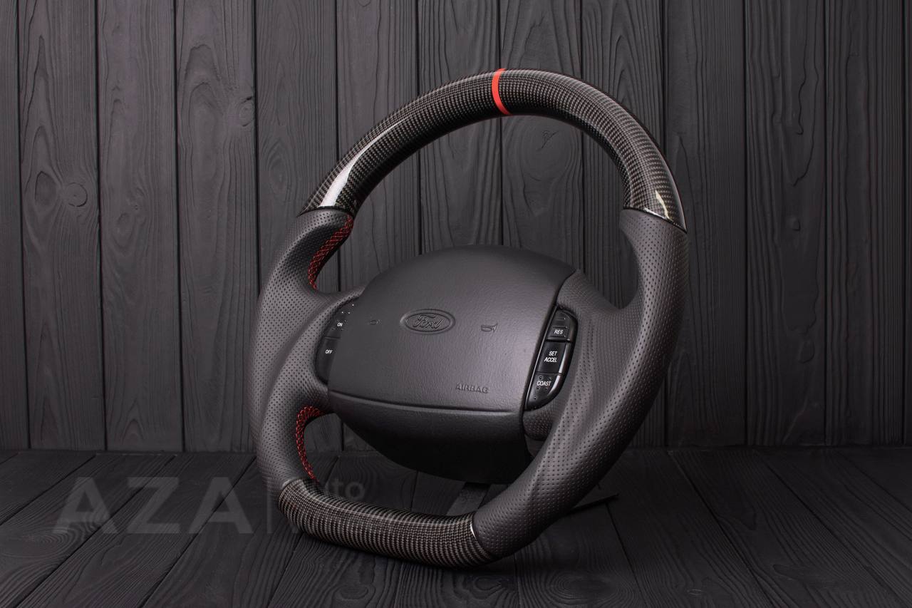 Steering wheel Ford F150/F250/F350 97-2007 Carbon fiber/Perforated leather/Red stripe (can be any color per request) - Image 5