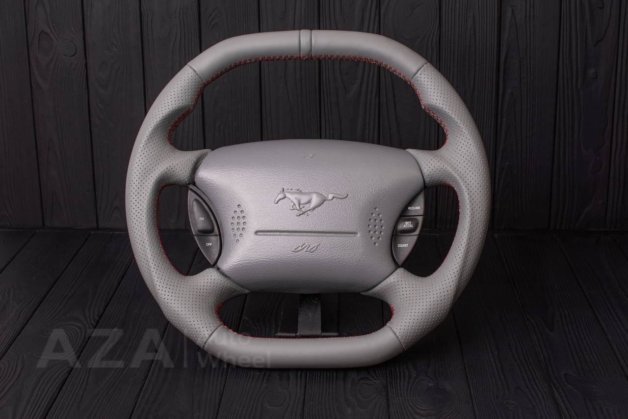Steering wheel Ford Mustang GT Cobra Flat top/Flat bottom Napa/Perforated leather/Grey stripe (can be any color per request)