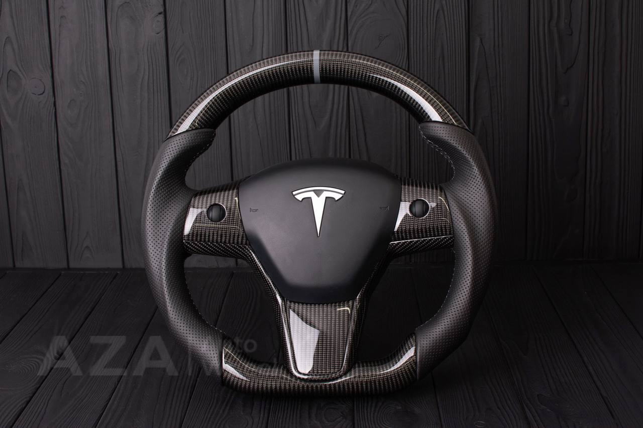 Steering wheel Tesla Model 3/Y Carbon fiber/Perforated leather/Gray stripe (can be any color)