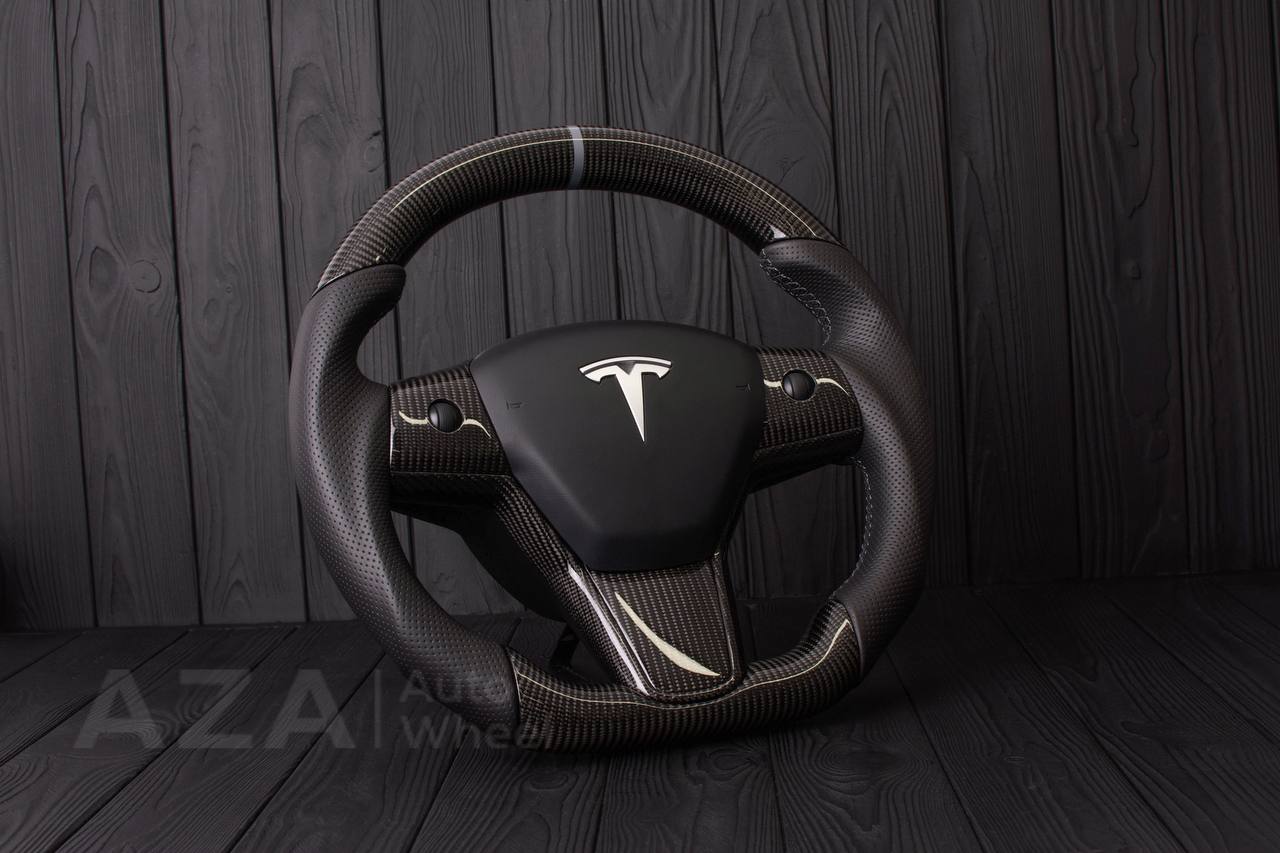 Steering wheel Tesla Model 3/Y Carbon fiber/Perforated leather/Gray stripe (can be any color) - Image 3