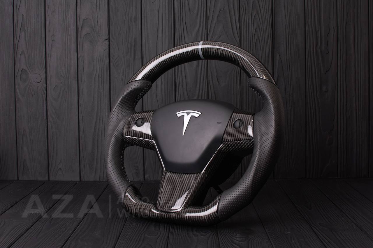 Steering wheel Tesla Model 3/Y Carbon fiber/Perforated leather/Gray stripe (can be any color) - Image 4