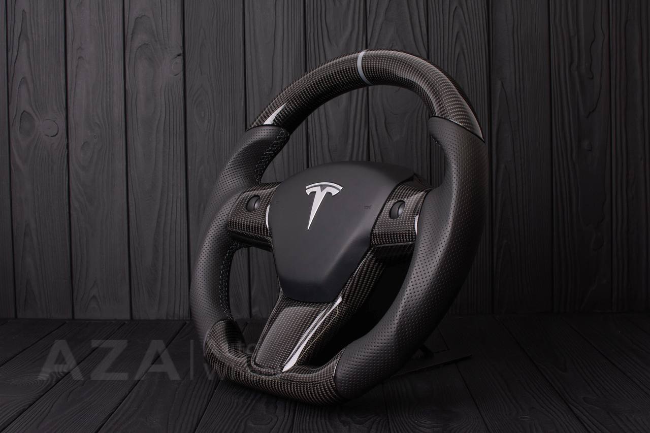Steering wheel Tesla Model 3/Y Carbon fiber/Perforated leather/Gray stripe (can be any color) - Image 5
