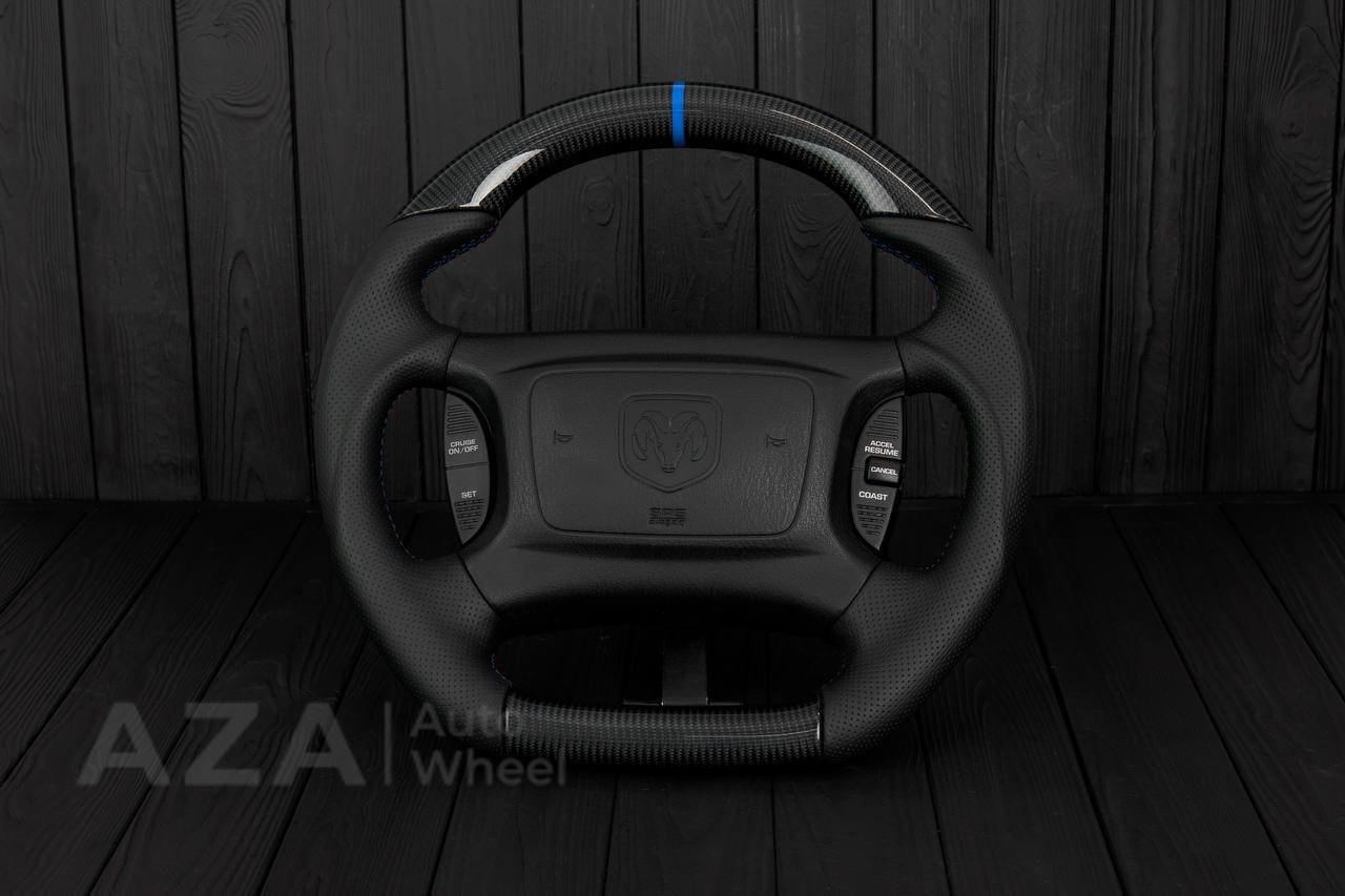 Steering wheel DODGE RAM Dakota 2ND GEN 1998-2002 Carbon fiber/Perforated italian leather/Blue stripe (can be any color)