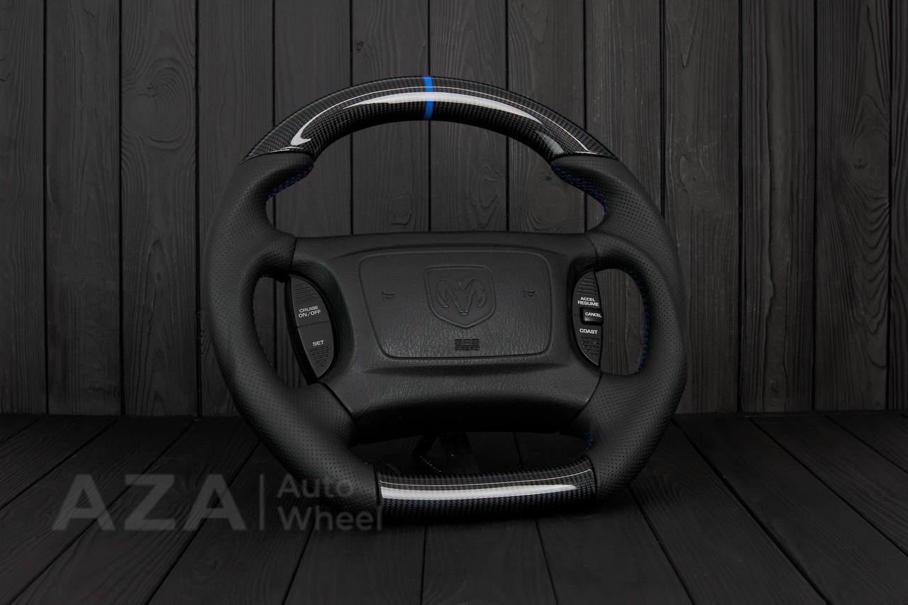 Steering wheel DODGE RAM Dakota 2ND GEN 1998-2002 Carbon fiber/Perforated italian leather/Blue stripe (can be any color) - Image 3