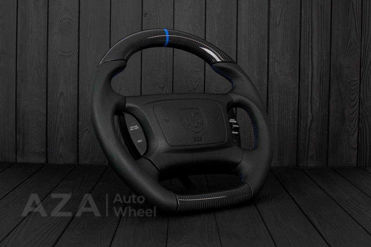 Steering wheel DODGE RAM Dakota 2ND GEN 1998-2002 Carbon fiber/Perforated italian leather/Blue stripe (can be any color) - Image 4