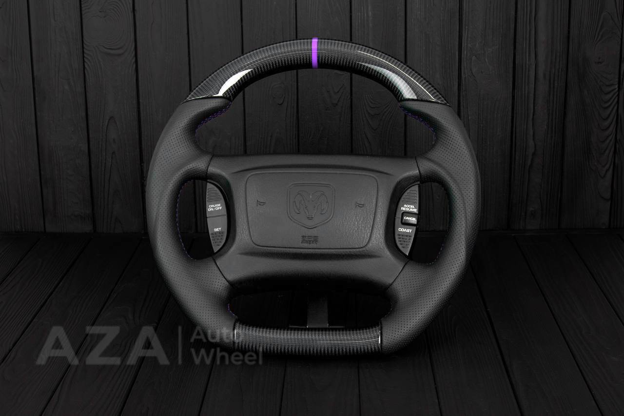 Steering wheel DODGE RAM Dakota 2ND GEN 1998-2002 Carbon fiber/Perforated italian leather/Purple stripe (can be any color)