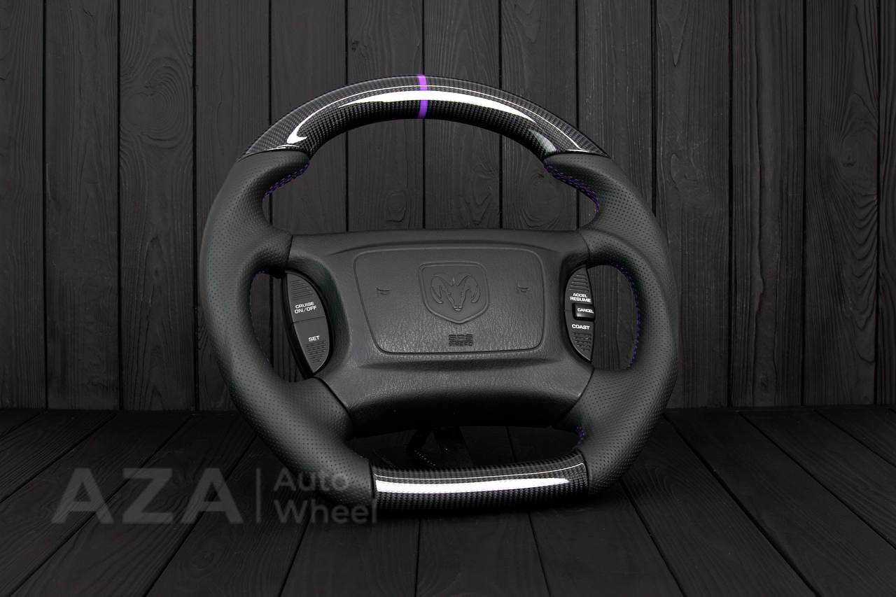 Steering wheel DODGE RAM Dakota 2ND GEN 1998-2002 Carbon fiber/Perforated italian leather/Purple stripe (can be any color) - Image 3