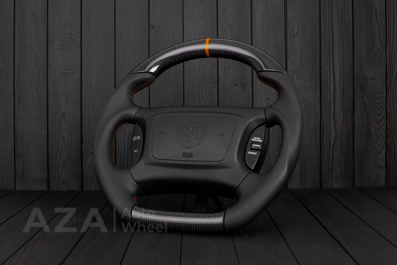 Steering wheel DODGE RAM Dakota 2ND GEN 1998-2002 Carbon fiber/Perforated italian leather/Orange stripe (can be any color) - Image 4