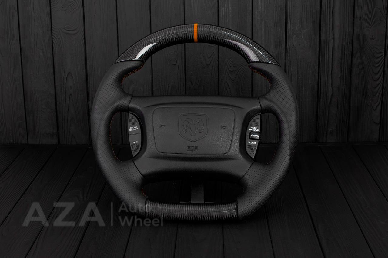 Steering wheel DODGE RAM Dakota 2ND GEN 1998-2002 Carbon fiber/Perforated italian leather/Orange stripe (can be any color)