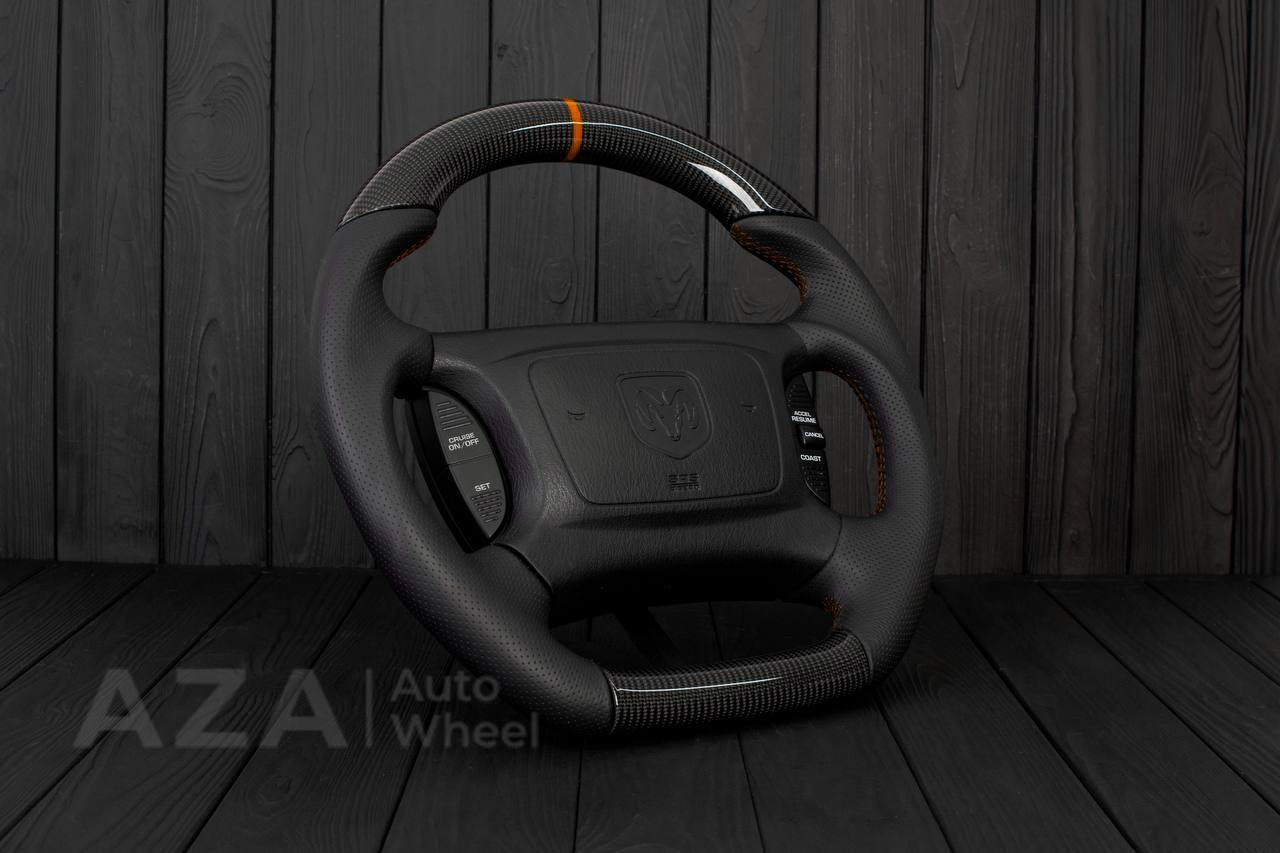 Steering wheel DODGE RAM Dakota 2ND GEN 1998-2002 Carbon fiber/Perforated italian leather/Orange stripe (can be any color) - Image 3