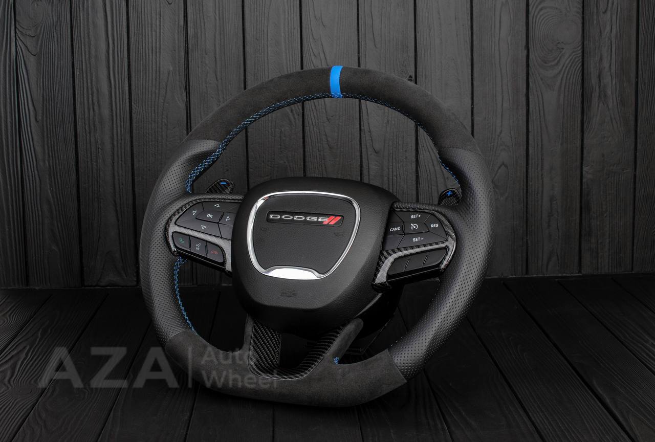 Steering wheel 2015+ Dodge Charger/Challenger/Durango Carbon fiber/Perforated leather/Alcantara/Hellcat paddles/Blue stripe - Image 4