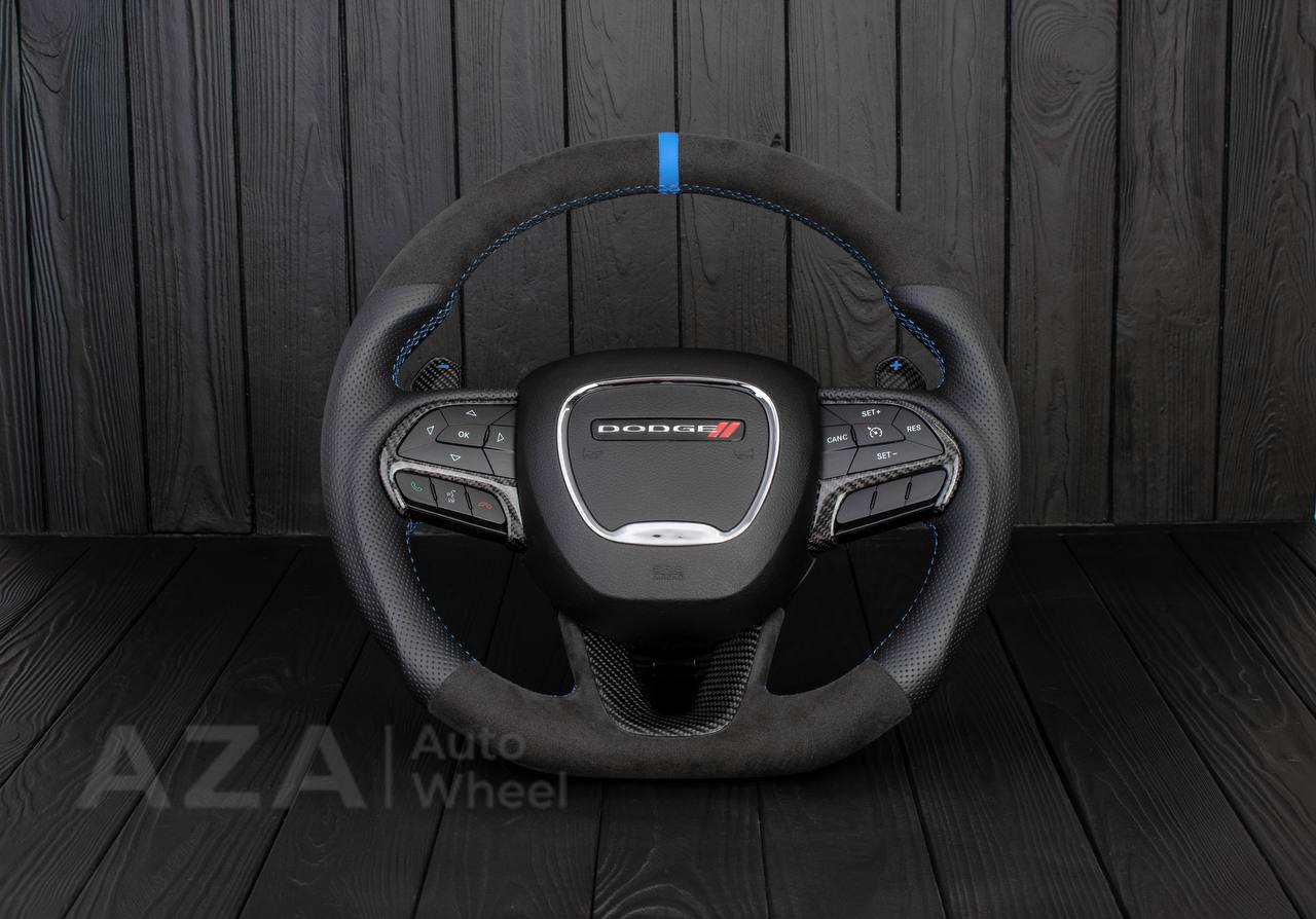 Steering wheel 2015+ Dodge Charger/Challenger/Durango Carbon fiber/Perforated leather/Alcantara/Hellcat paddles/Blue stripe