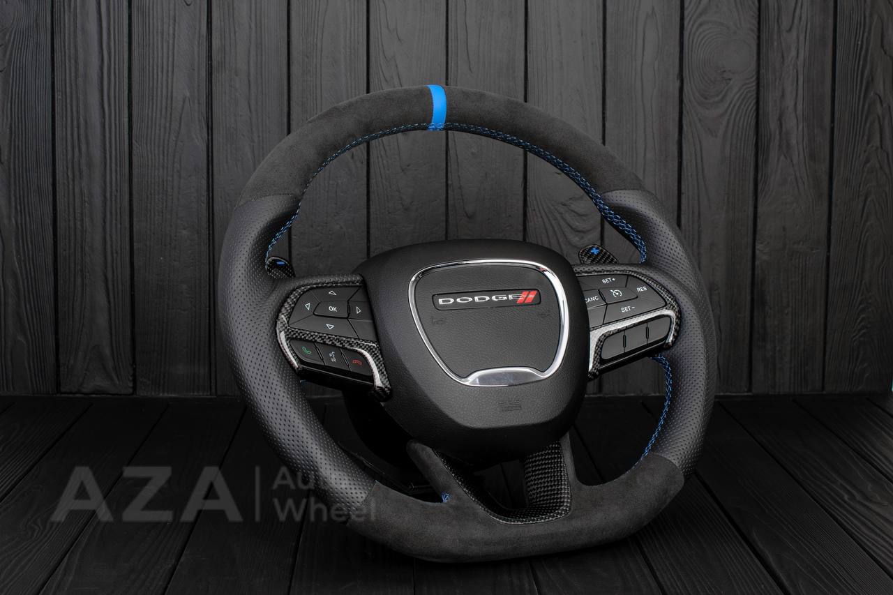 Steering wheel 2015+ Dodge Charger/Challenger/Durango Carbon fiber/Perforated leather/Alcantara/Hellcat paddles/Blue stripe - Image 3