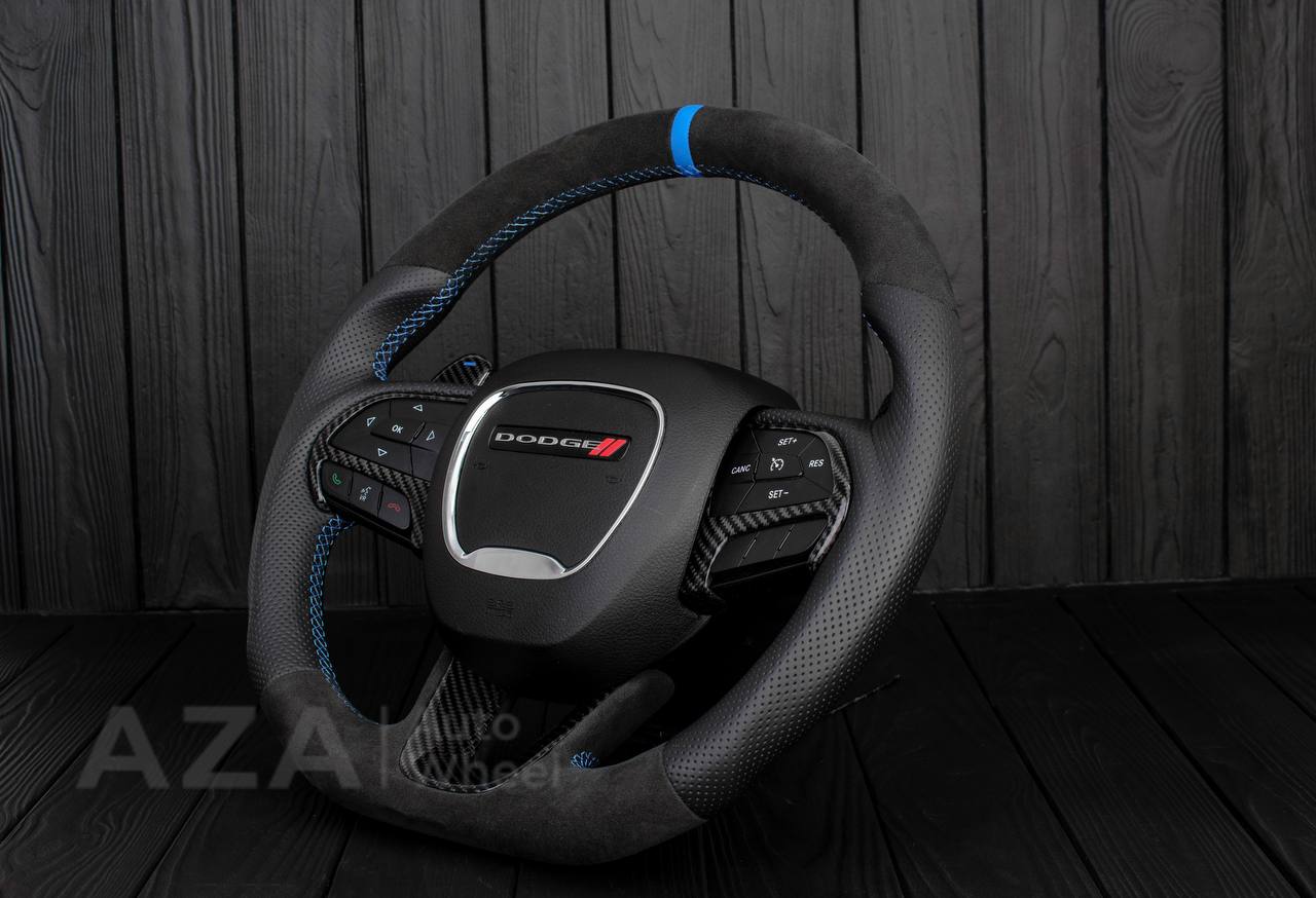 Steering wheel 2015+ Dodge Charger/Challenger/Durango Carbon fiber/Perforated leather/Alcantara/Hellcat paddles/Blue stripe - Image 5