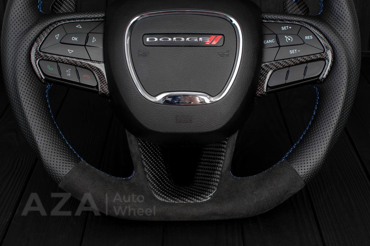 Steering wheel 2015+ Dodge Charger/Challenger/Durango Carbon fiber/Perforated leather/Alcantara/Hellcat paddles/Blue stripe - Image 9