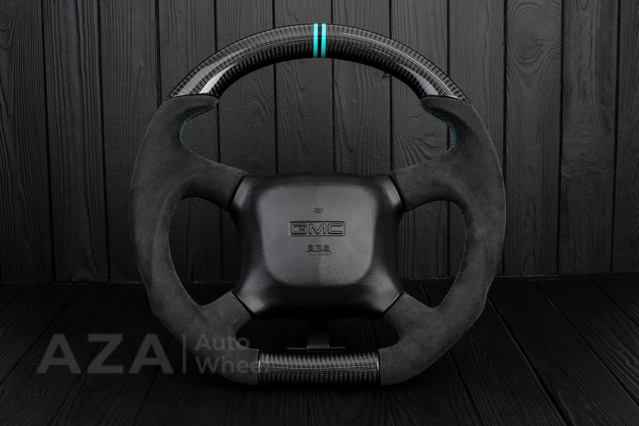Steering wheel GM Silverado, Sierra, Escalade, Yukon, S10, Blazer, Tahoe, Suburban (1998-2002) Carbon fiber/Alcantara/Mint stripe